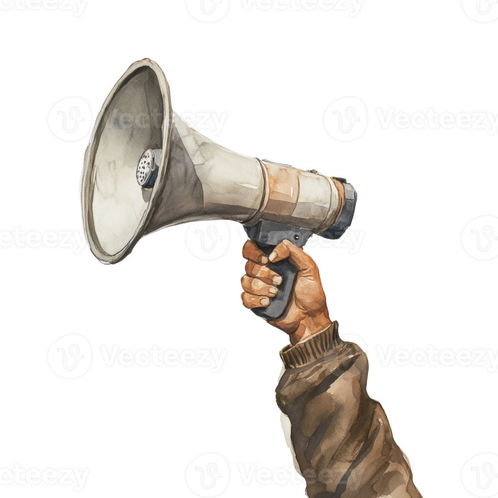Watercolor illustration featuring a hand raising a megaphone against an isolated transparent backdrop, demonstrating freedom of speech png
