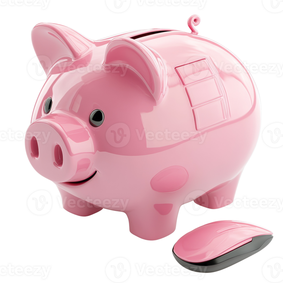 Digital savings future showcasing a pink piggy bank and a computer mouse on transparent layout png