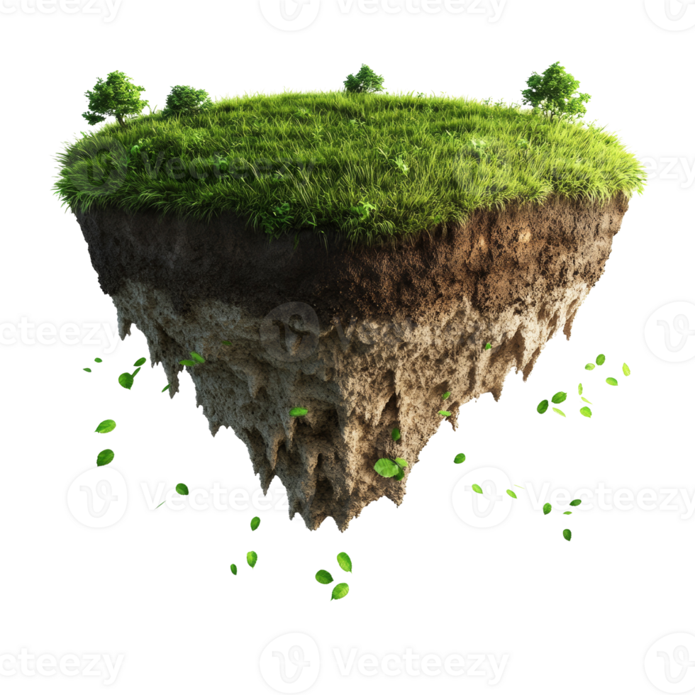 Floating verdant island with layered earth structure against an isolated transparent void png
