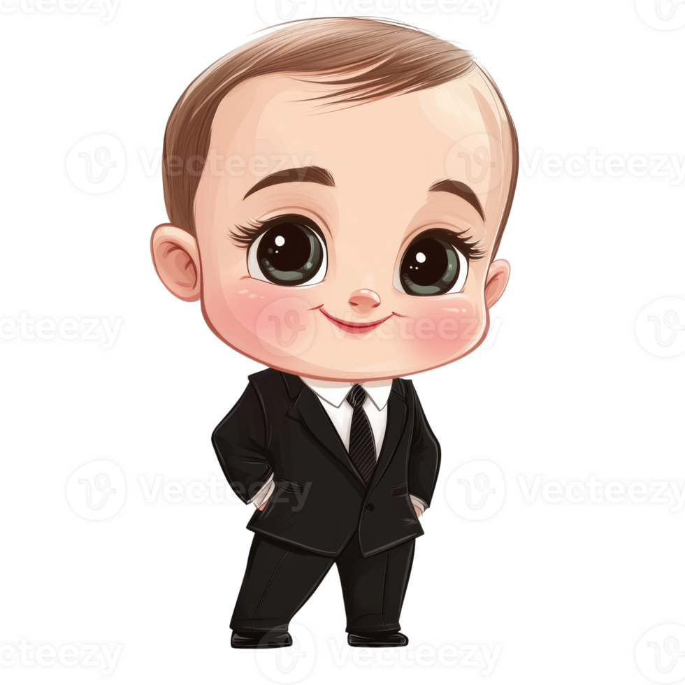 Stylized infant character wearing a formal suit against a monochromatic backdrop png