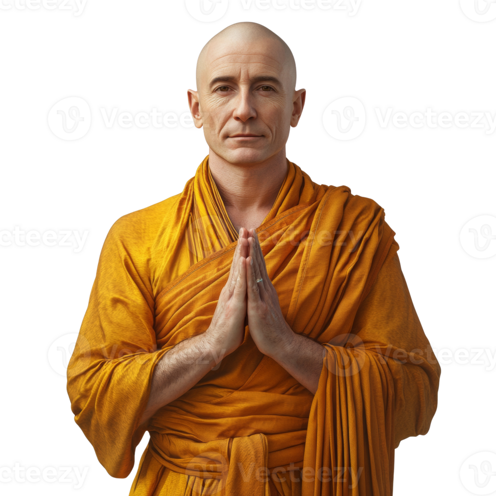 Serene monk in saffron robes expressing respect and peaceful contemplation png