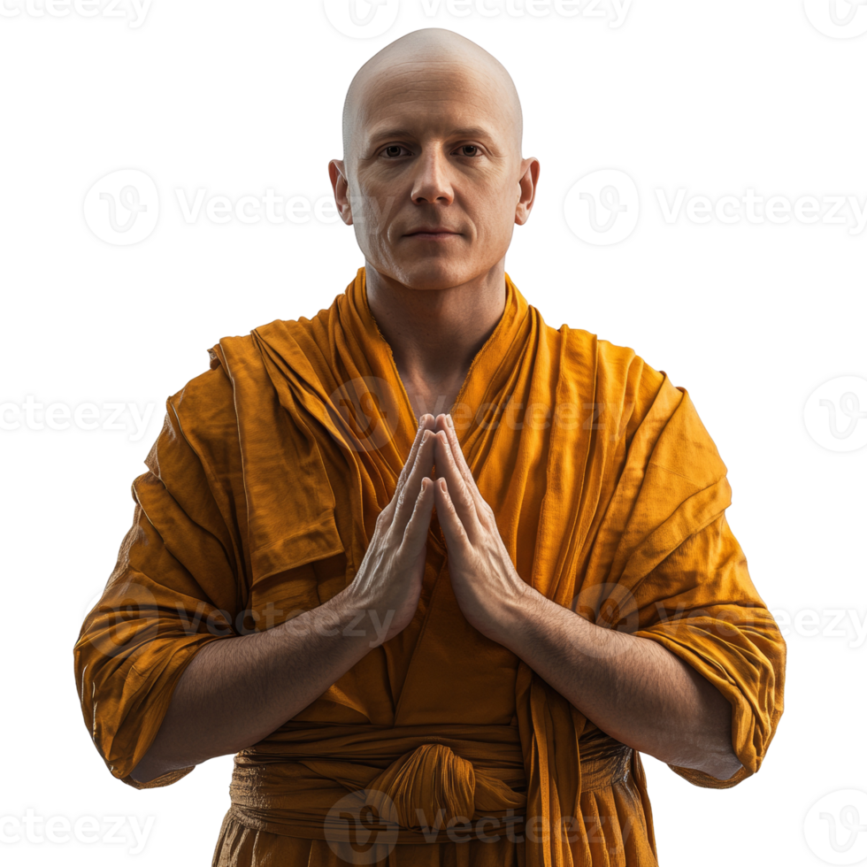 Bald man in saffron robe with hands clasped in a contemplative pose png