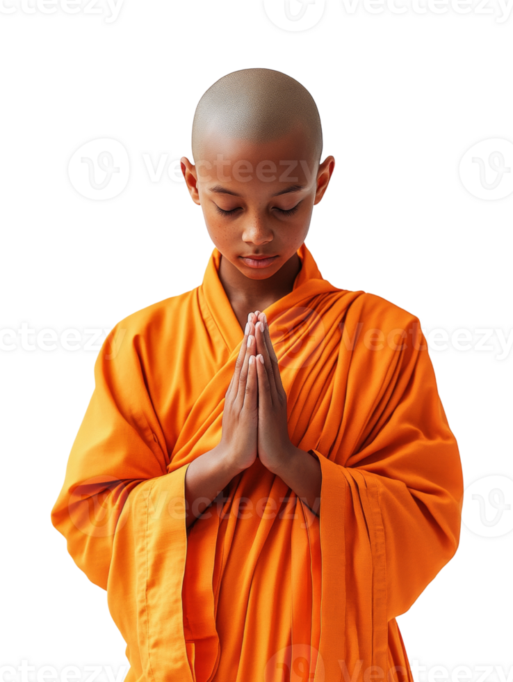 Focused young novice monk in saffron robes during a peaceful moment of contemplation png