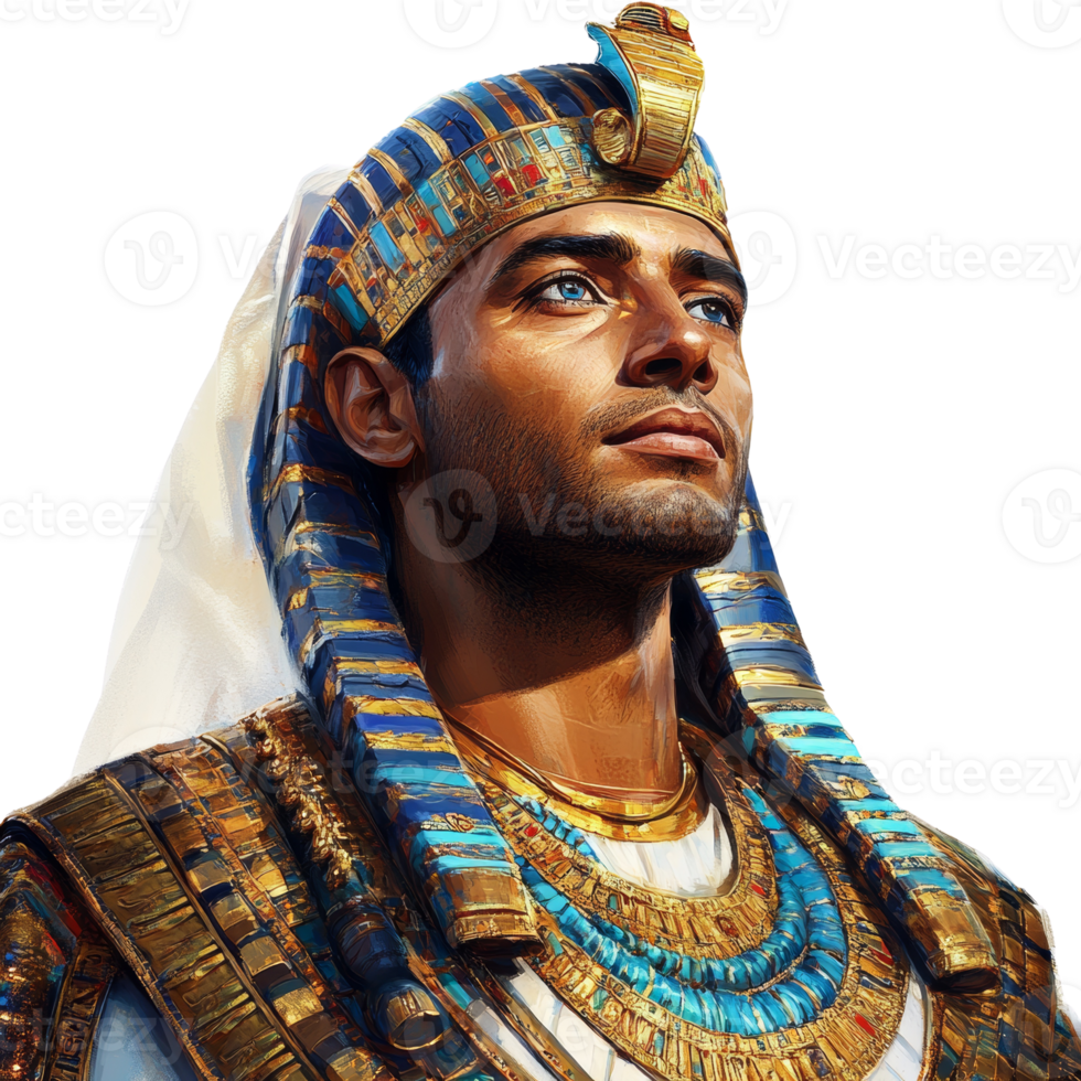 Artistic interpretation of an Egyptian ruler with ornate headdress and bright eyes png