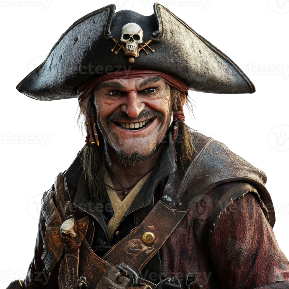 Mysterious pirate captain with piercing gaze and intimidating smile, rendered png