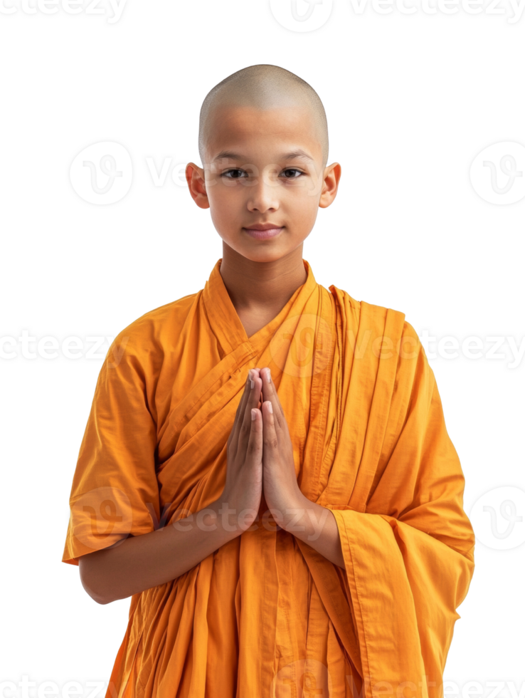 Serene young monk in traditional robes against a stark backdrop radiates peace png