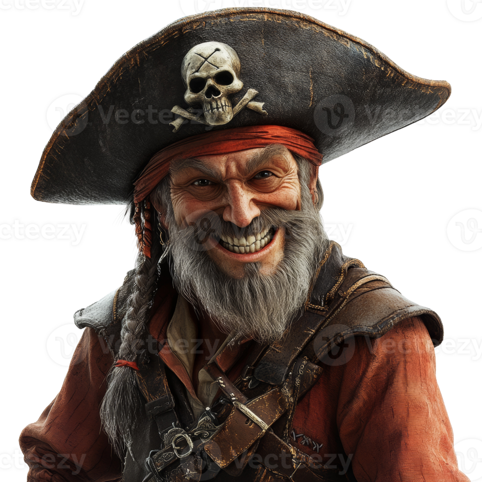 Digital Rendering of a Pirate Character with Skull and Crossbones Accent Hat png