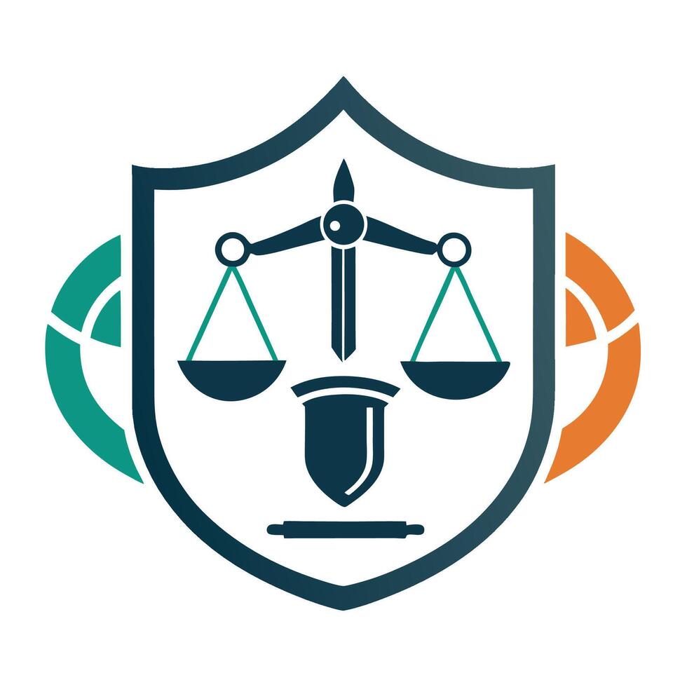 Minimalist logo design for criminal defense advocacy highlights scales of justice and shield in a modern, clean style to convey trust and professionalism vector