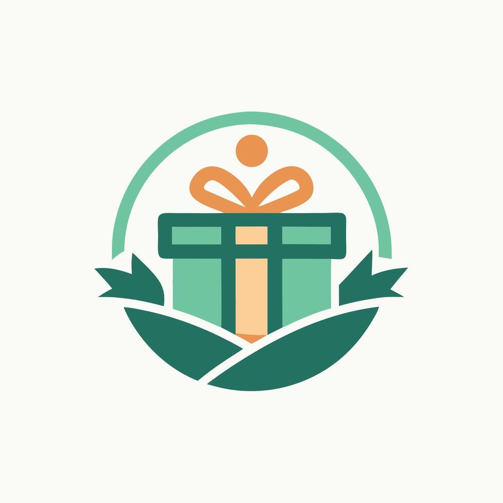Thoughtful minimalist logo design for a gift shop featuring a present surrounded by leaves on a soft background vector