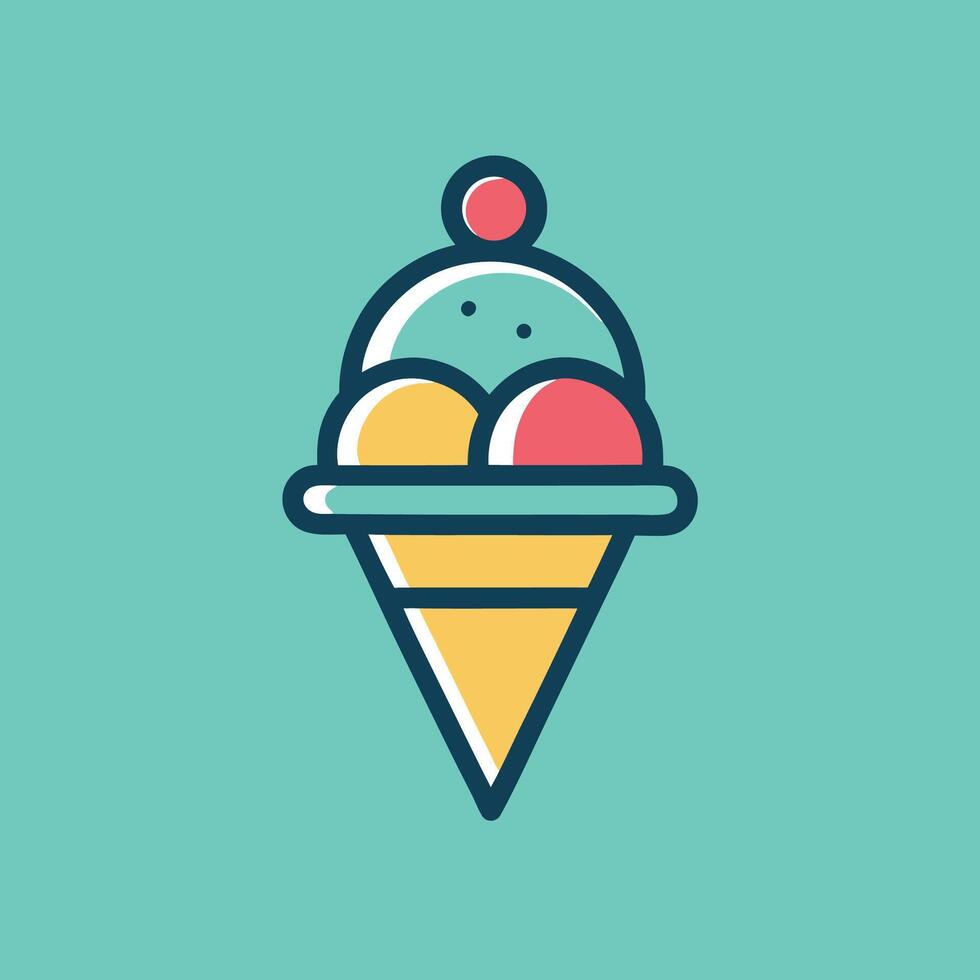 Playful minimalist logo representing an ice cream shop featuring three scoops of colorful ice cream in a cone design against a light blue background vector