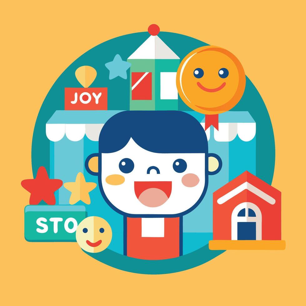 Playful logo design for a toy store featuring a cheerful child character and colorful elements against a bright background vector