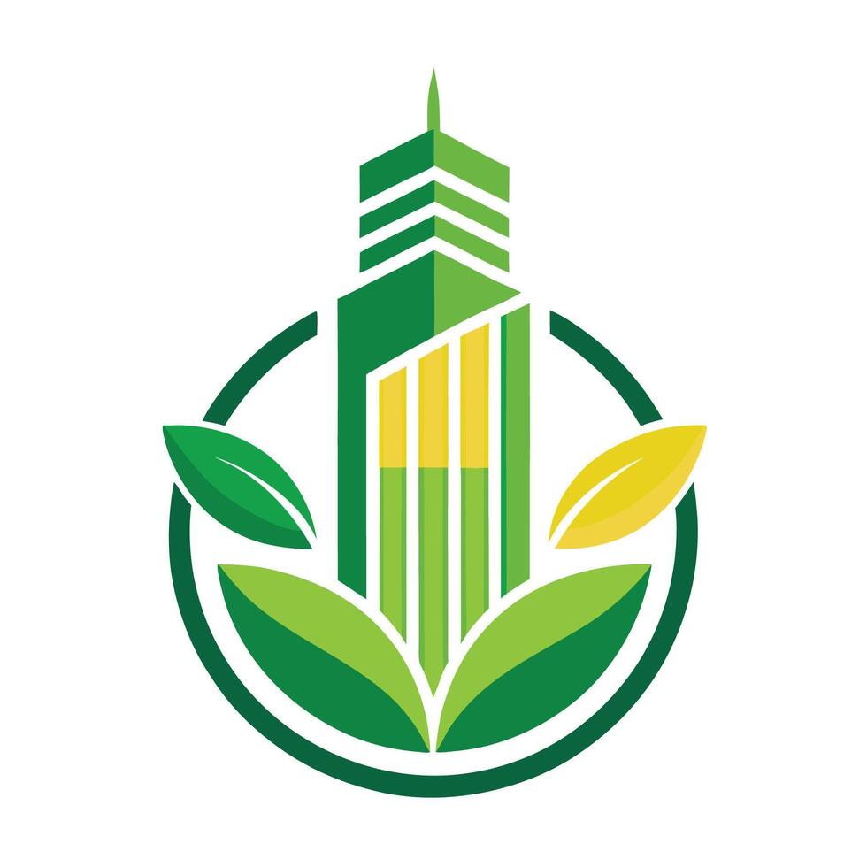 Modern logo showcasing vertical farming technology with green leaves and building design for sustainable agriculture innovation vector