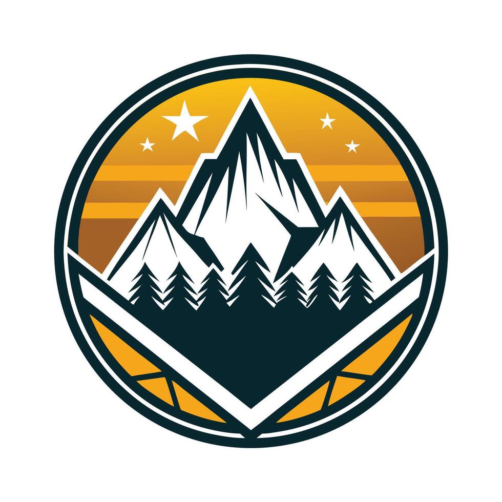logo designed for outdoor apparel featuring a mountain landscape, emphasizing adventure, nature, and exploration in a circular format vector