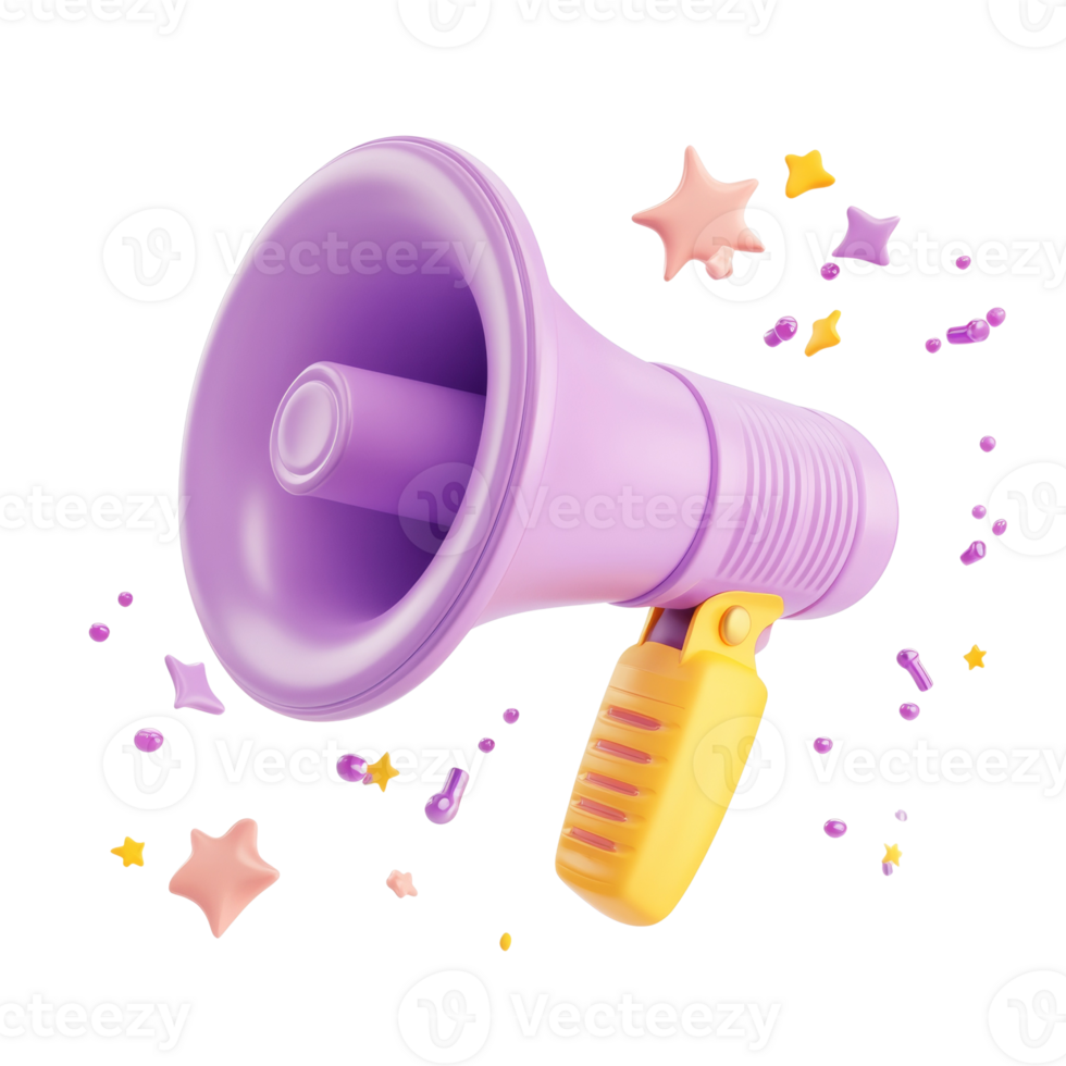 Pastel loudspeaker floating amidst playful star and dot confetti on clean backdrop png