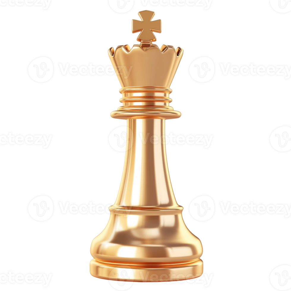 Golden chess king piece standing strong, strategic game element in a polished finish on pure backdrop png