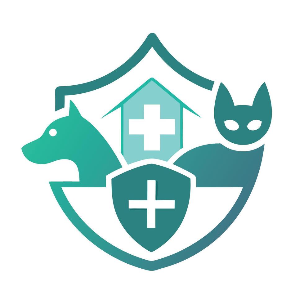Minimalist protective logo design for pet insurance featuring a shield outline and illustrations of a dog and cat, representing care and safety for animals vector