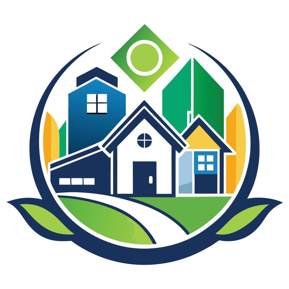 Visual logo representing real estate photography, featuring various house designs with vibrant colors and geometric shapes vector