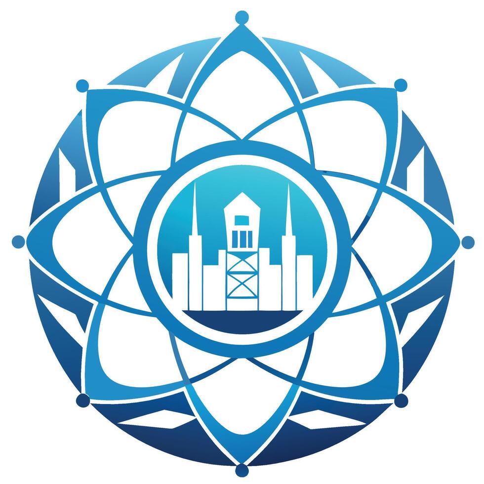 Elegant logo design representing micro nuclear reactors showcasing innovative energy solutions, featuring a blue color palette and stylized city skyline within an atomic structure vector