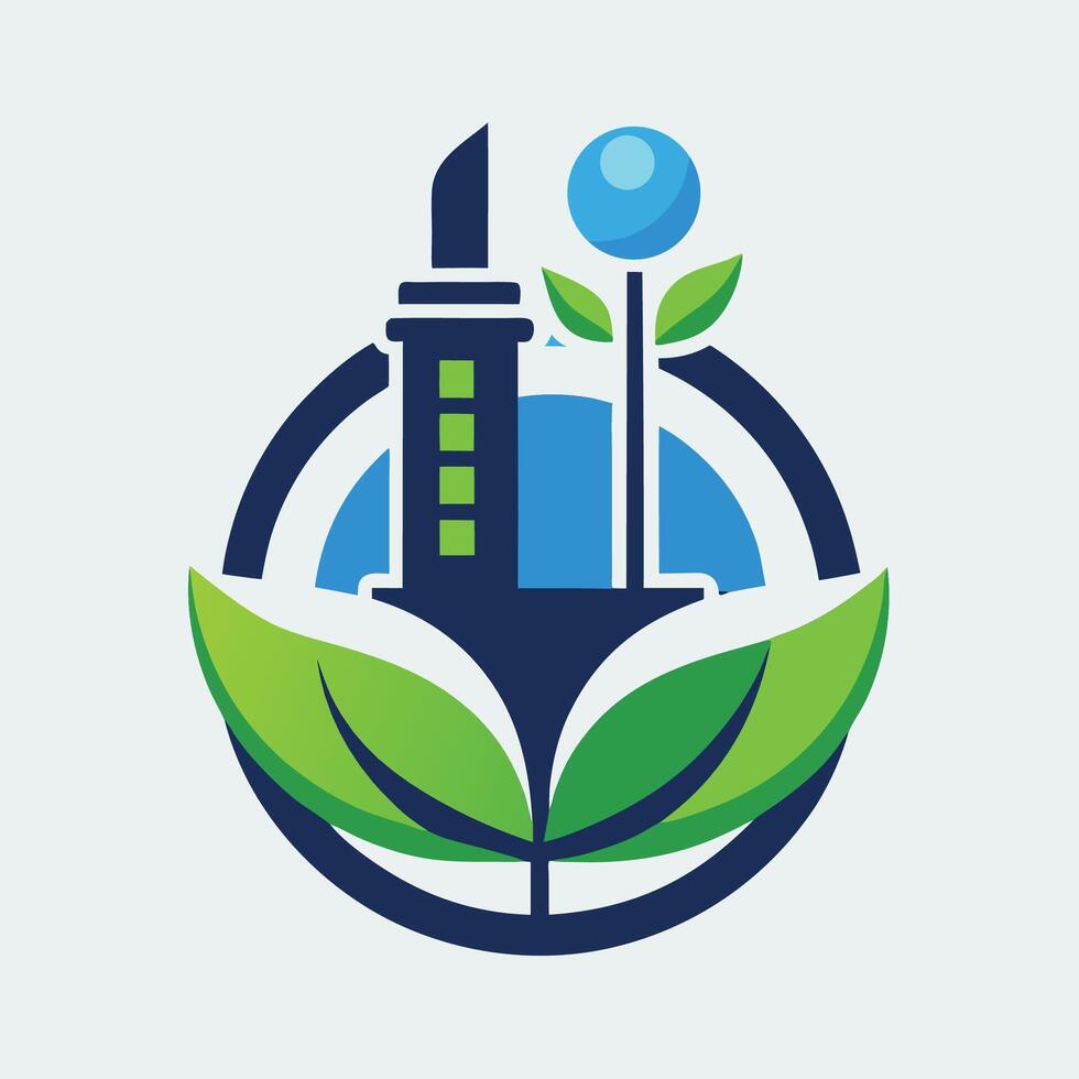 Minimalist logo design for a carbon capture platform featuring a factory, plant, and globe in blue and green hues to convey sustainability and environmental protection vector