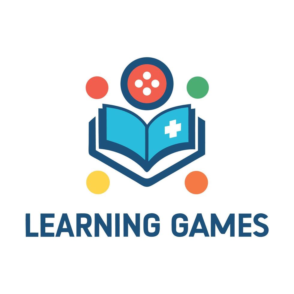 Learning focused minimalistic logo design for educational games featuring an open book and playful elements, suitable for various age groups seeking engaging learning experiences vector