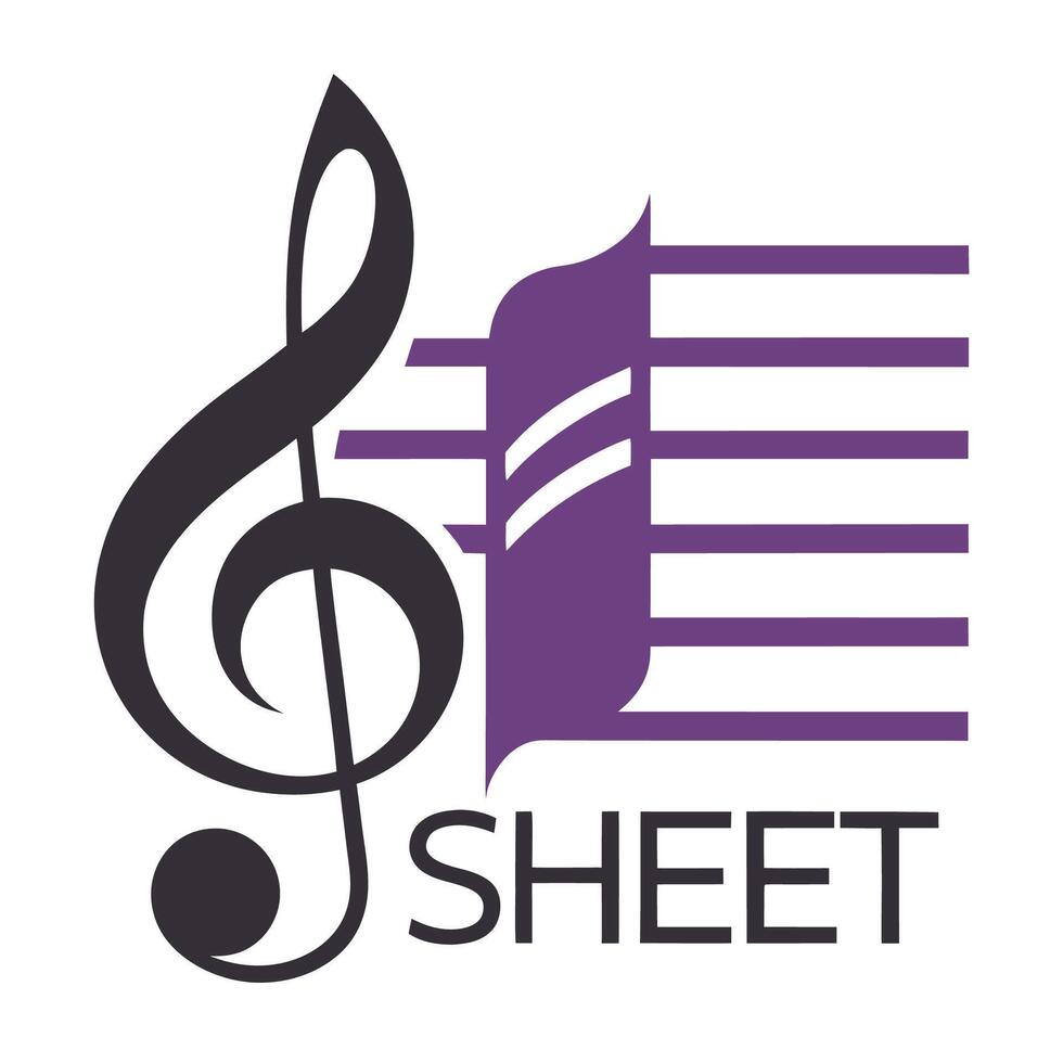 Notational minimalist logo design representing sheet music publishing with a sleek treble clef and modern typography for music education and performance vector