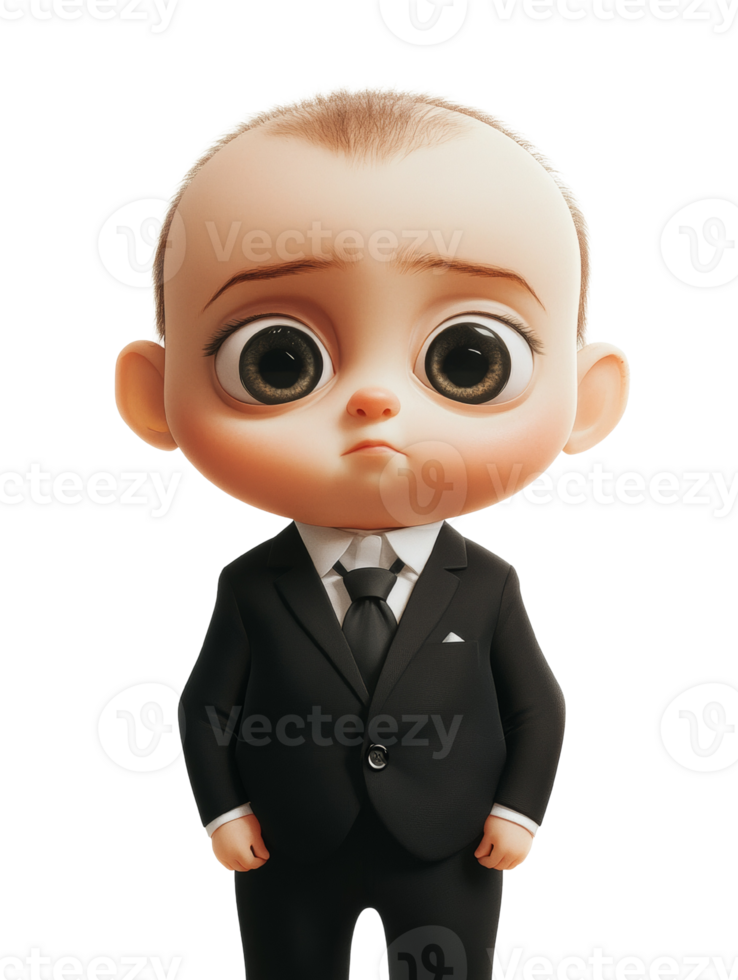 Serious infantile figure in a black suit displaying an intense facial expression png
