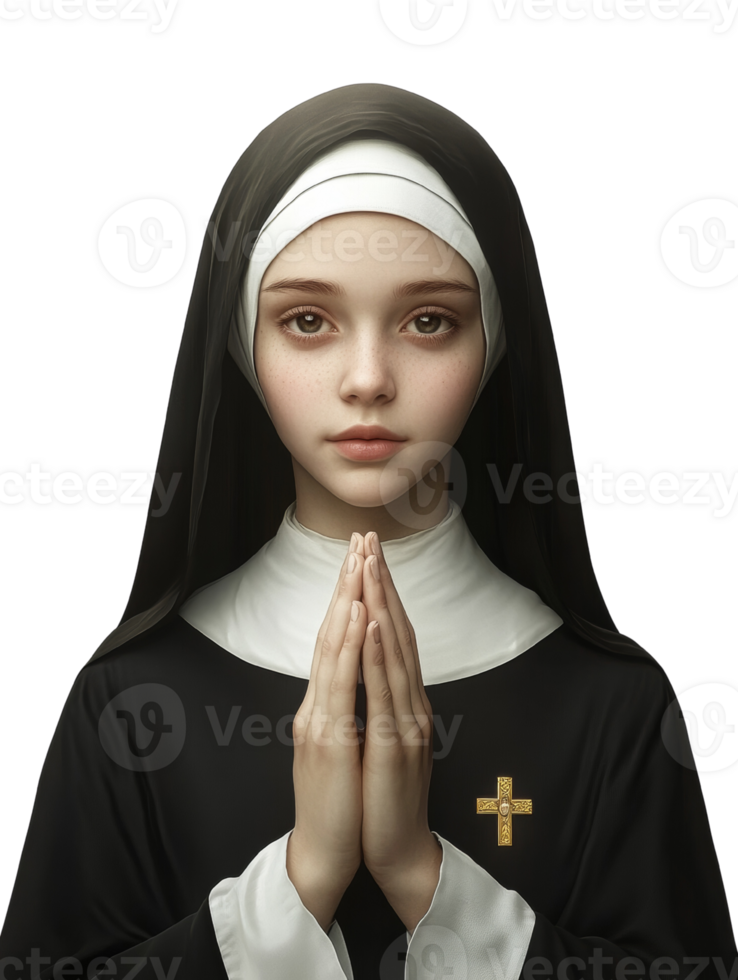 Serene devotion portrait. A digital painting of a contemplative nun with clasped hands png