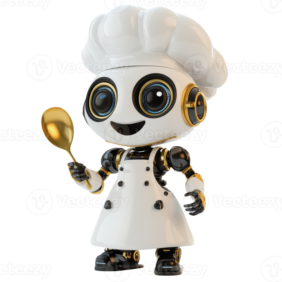 Whimsical android chef holding spoon, culinary automation with robotic character png