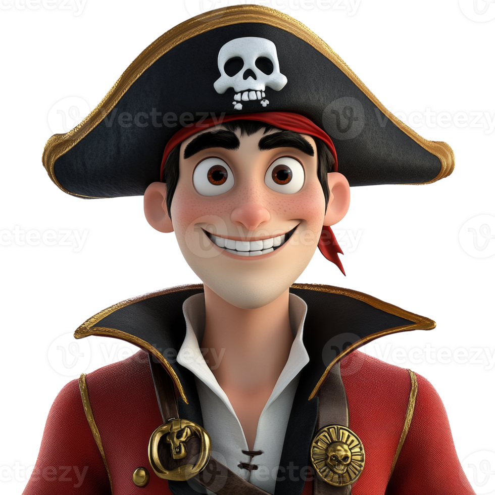 Animated Pirate Character Rendering with Jolly Expression and Detailed Costume png