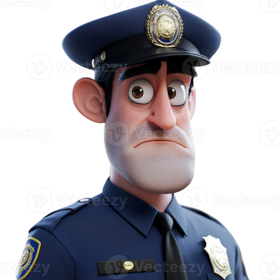 Cartoon Policeman Character with Expressive Eyes and Serious Demeanor Design png