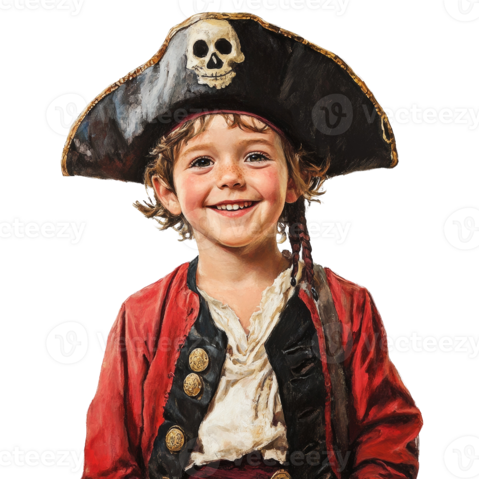 Enchanting young adventurer dressed as a pirate with beaming joyful expression png