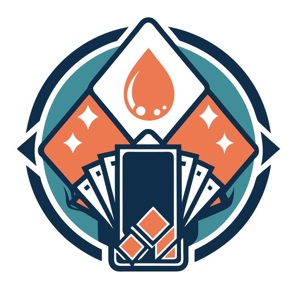 Strategic minimalist logo design for card game industry showcasing elements of gameplay with symbolic icons and modern aesthetics vector