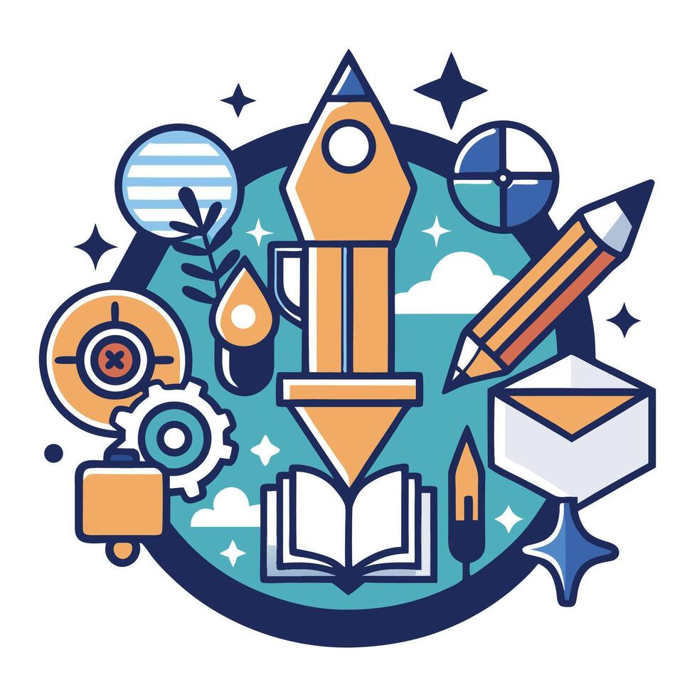Logo design for illustration agency featuring orange pencil, book, and various creative icons in a modern style vector