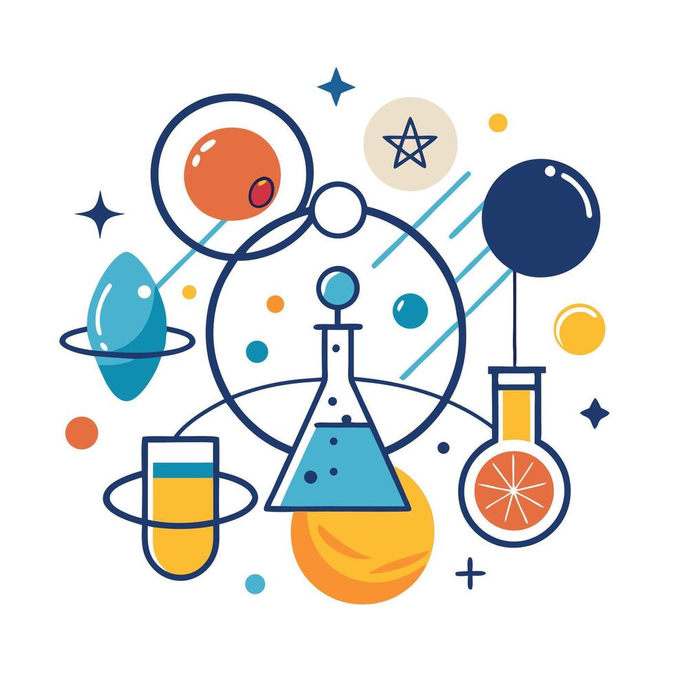 Educational minimalist logo for a science museum showcasing various scientific elements like laboratory glassware and celestial objects, designed to inspire curiosity about science vector