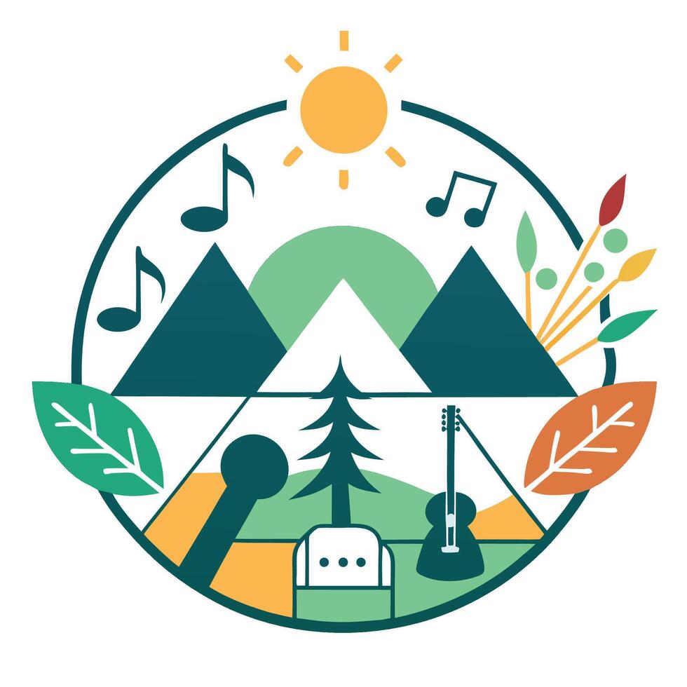 Celebratory minimalist logo design for music festival featuring nature elements, instruments, and vibrant colors in an outdoor setting vector