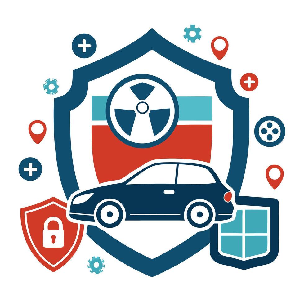 Protective logo for auto insurance showcasing a vehicle surrounded by safety icons and a shield design representing security in coverage and protection measures vector