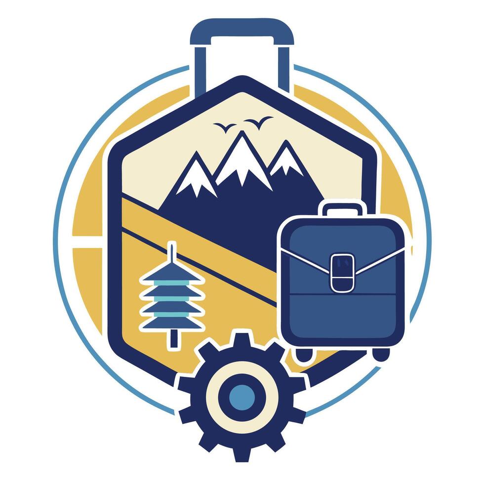 Minimalist logo design showcasing a luggage brand with mountain and tree motifs, embodying adventure and travel spirit in a stylish manner vector