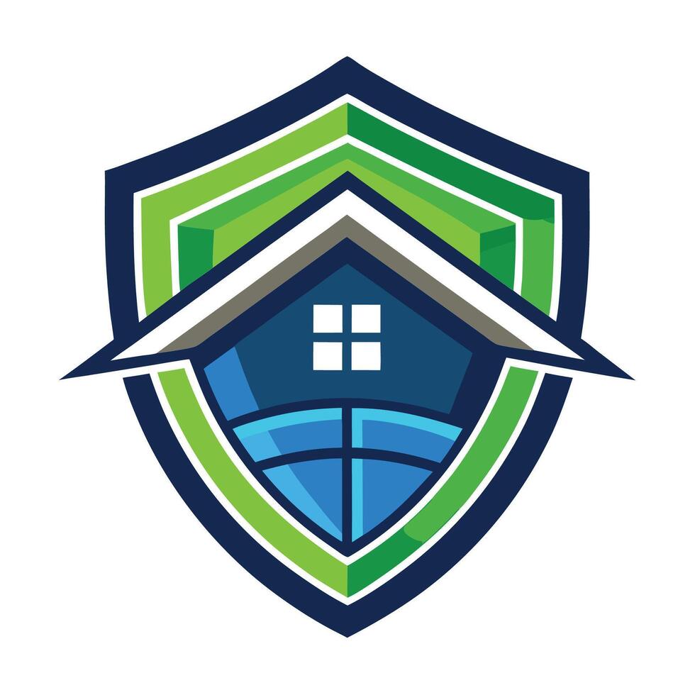 Protective logo design showcasing a roofing company with a shield and house symbol representing safety and reliability for home protection vector