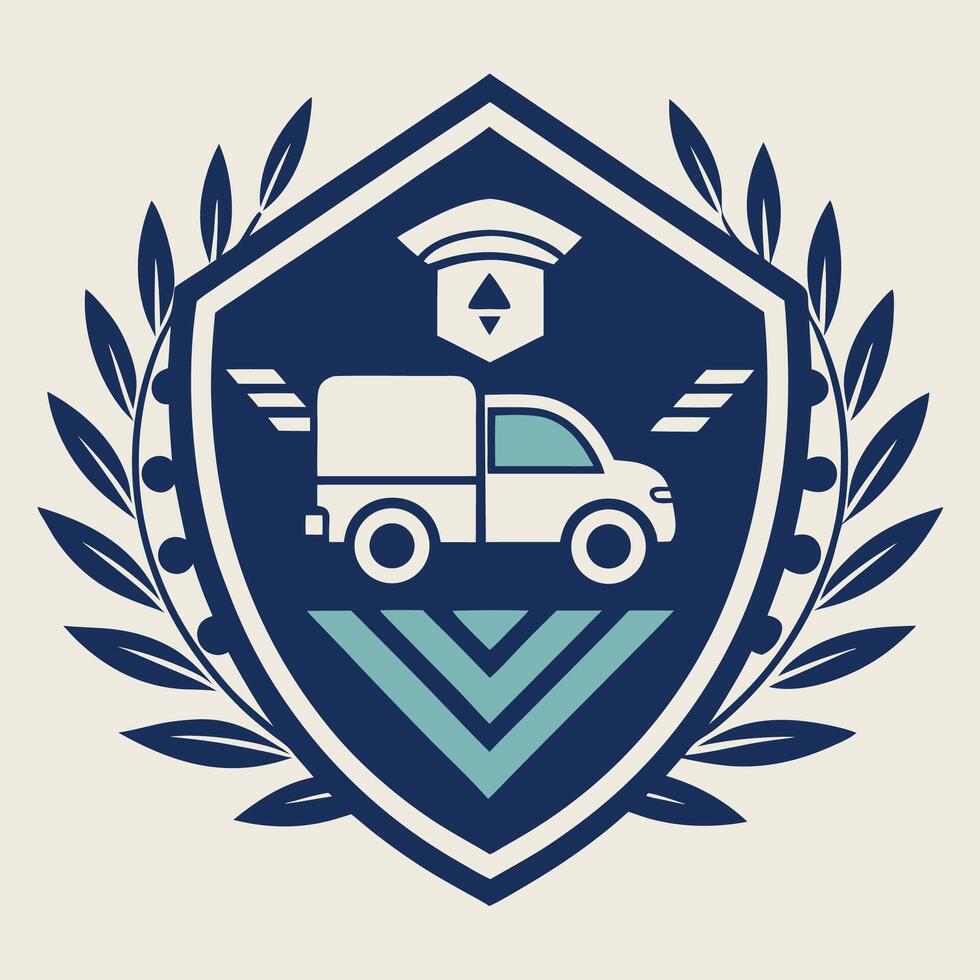 Elegant logo design showcasing an autonomous delivery application, featuring a vehicle symbol within a protective shield vector