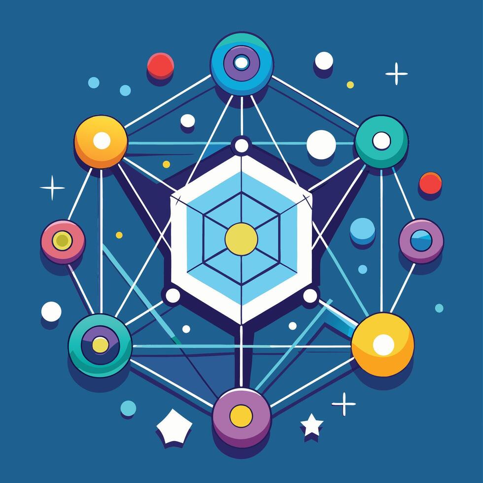 Geometric shape symbolizing connectivity and interaction with vibrant colors and dynamic lines set against a blue background vector