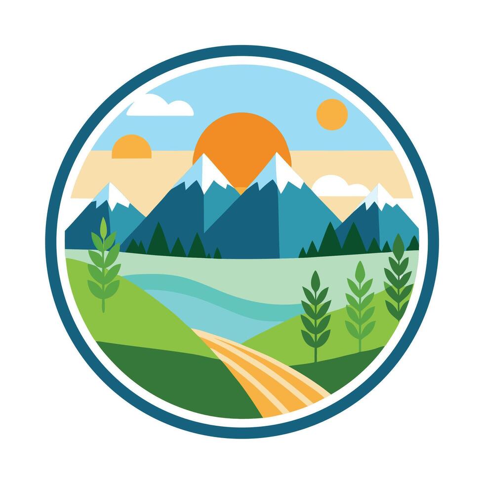Scenic minimalist logo representing landscape photography in a vibrant natural environment with mountains and a river under sun vector