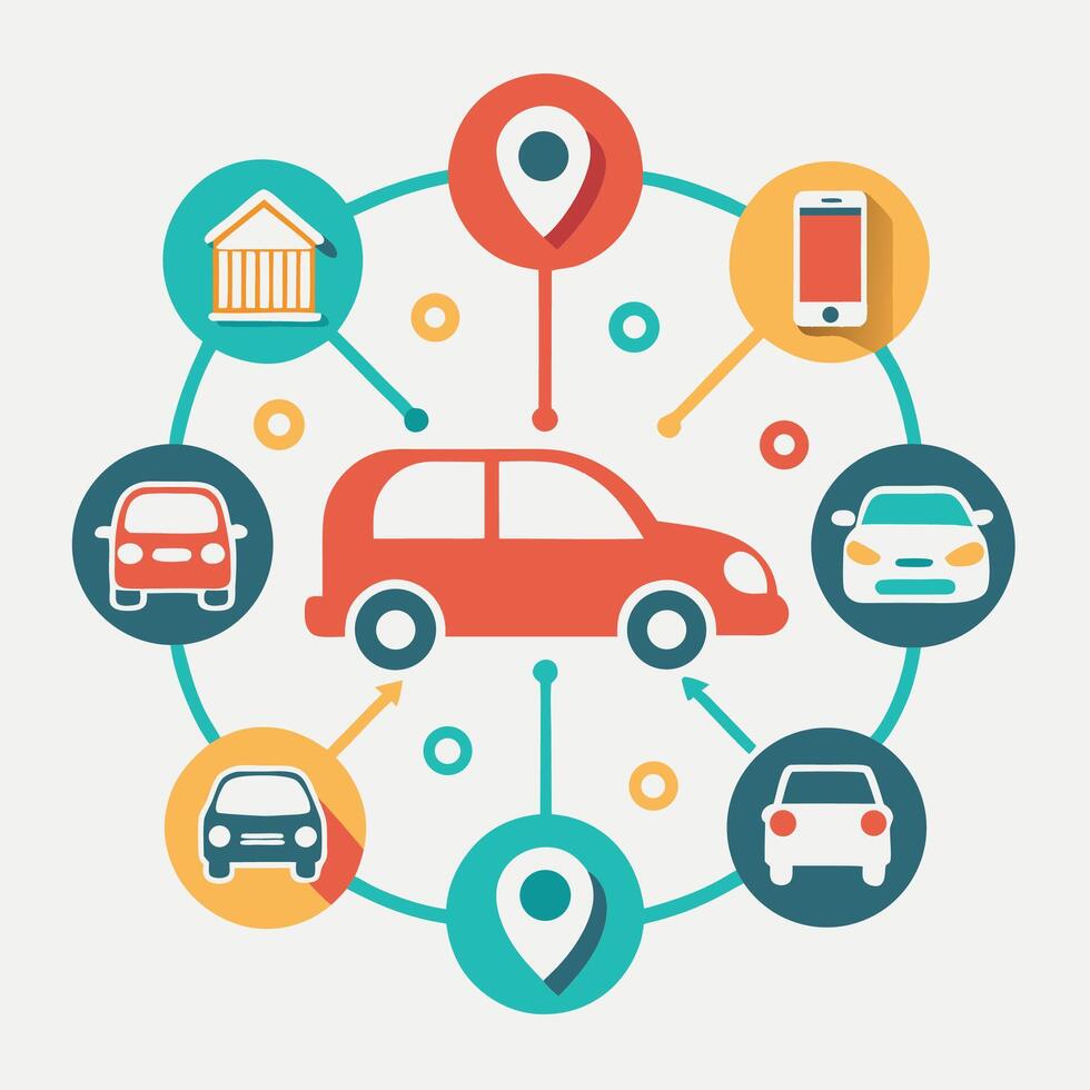 logo design for a car sharing service featuring interconnected elements representing vehicles, locations, and mobile accessibility in a modern urban setting vector