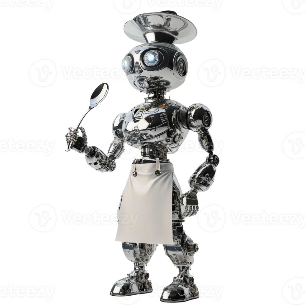 Futuristic chef. A metallic robot with culinary aspirations in digital render png
