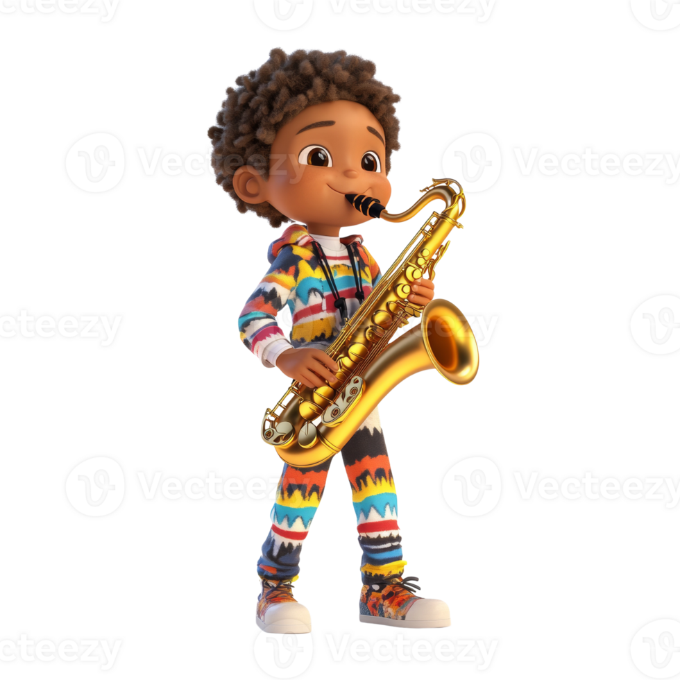 Animated young saxophonist rendering a soulful melody against the darkness png