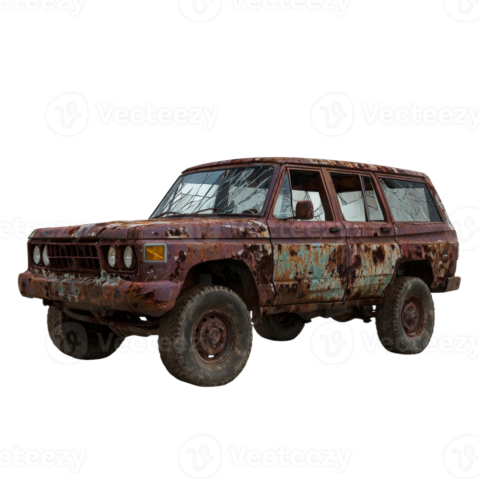 Aged automobile. Decayed rust bucket, abandoned vehicle against a stark backdrop png