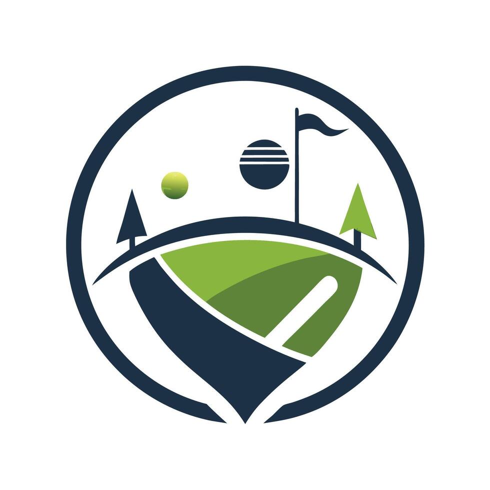 Refined minimalist logo for golf club showcasing swinging golfer and lush landscape design in a circular format vector