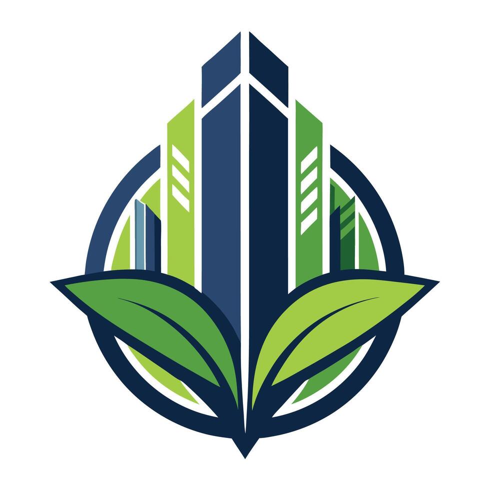 Modern logo design depicting a vertical urban farm with skyscrapers and lush greenery in a circular emblem highlighting sustainability and innovation vector