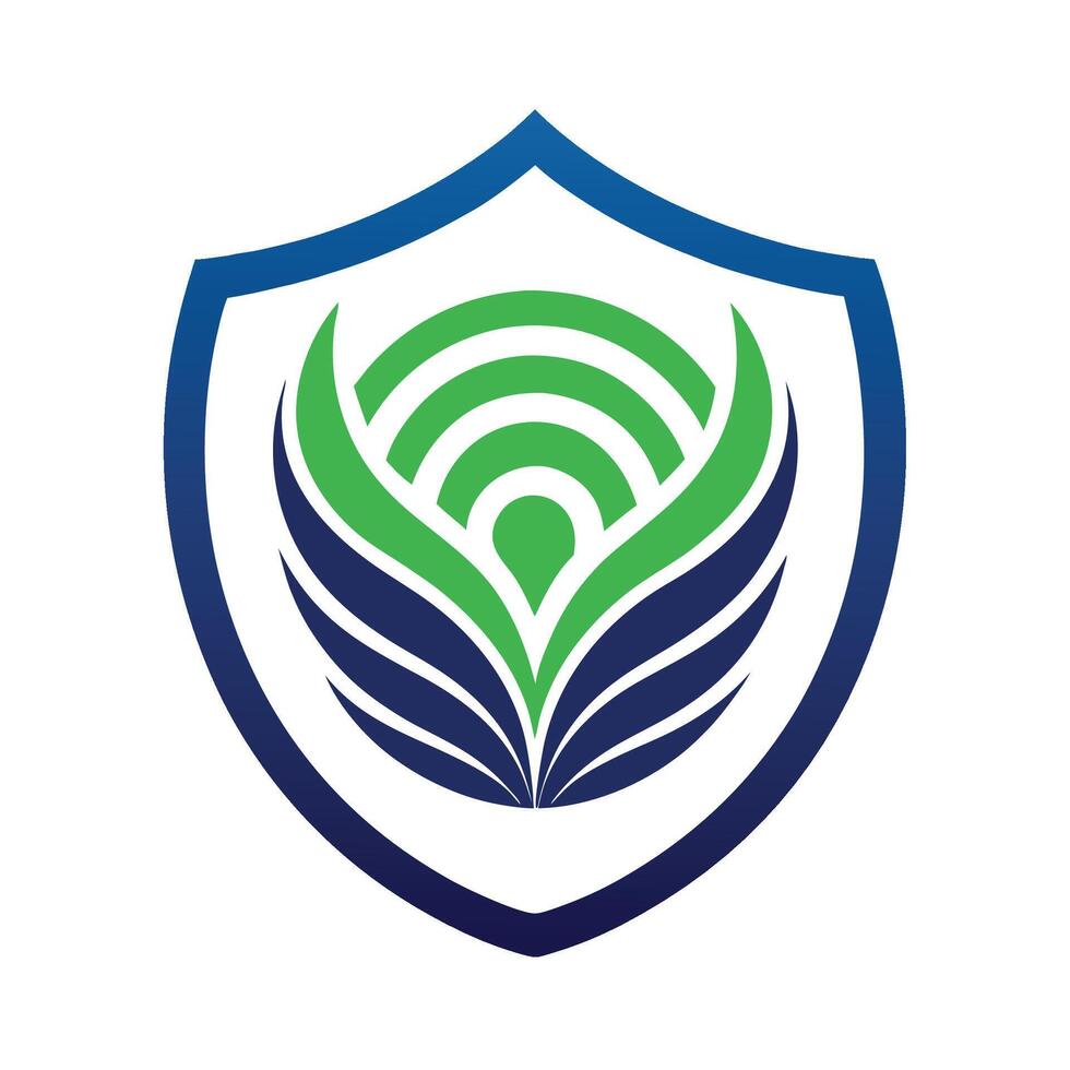 Simple and elegant logo design for biometric security technology showcasing a modern shield with stylized fingerprint elements and protective wings vector