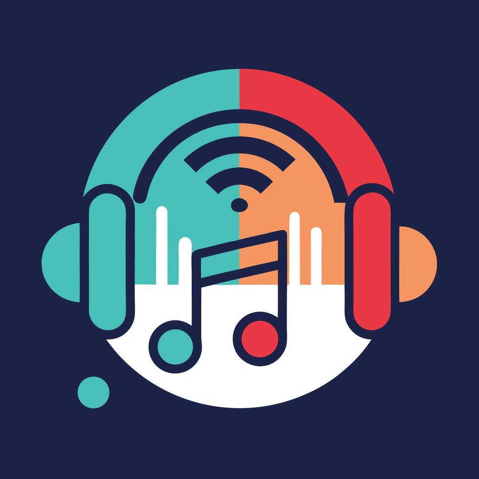 Digital minimalist logo design representing a music streaming service with headphones, musical notes, and wireless symbol in vibrant colors on a dark background vector