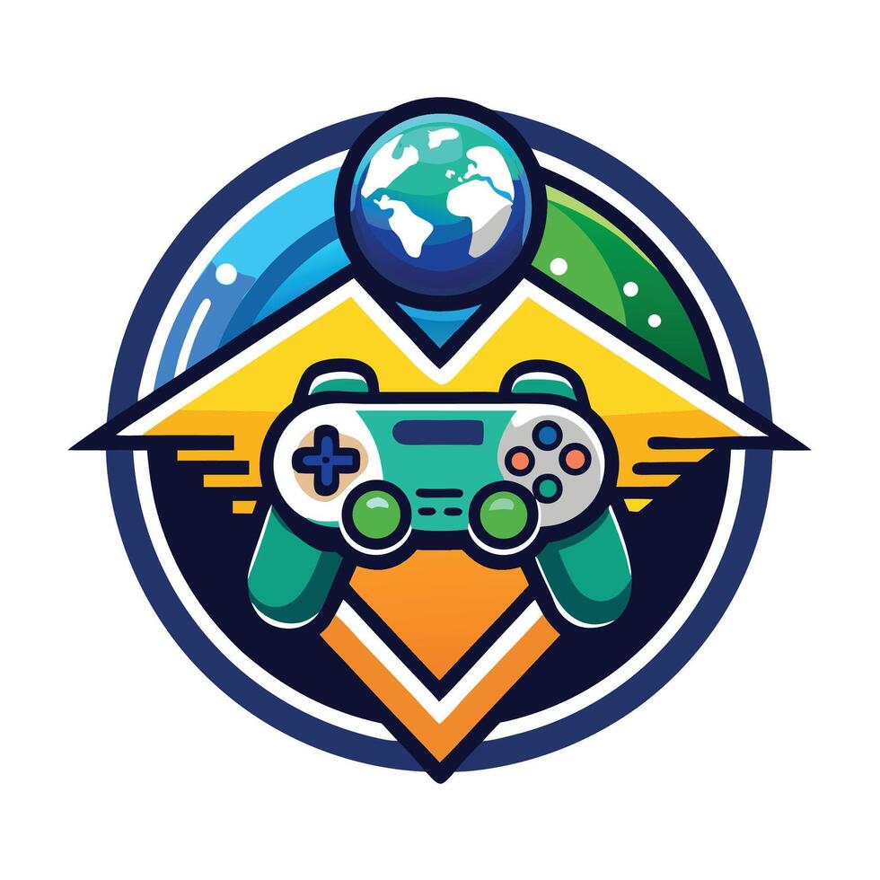 Immersive logo design for a gaming company featuring a controller and globe in vibrant colors, showcasing creativity and innovation in the gaming industry vector